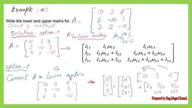 The second solved problem of the two solved problems for 3x3 matrix by Crout's LU decomposition.