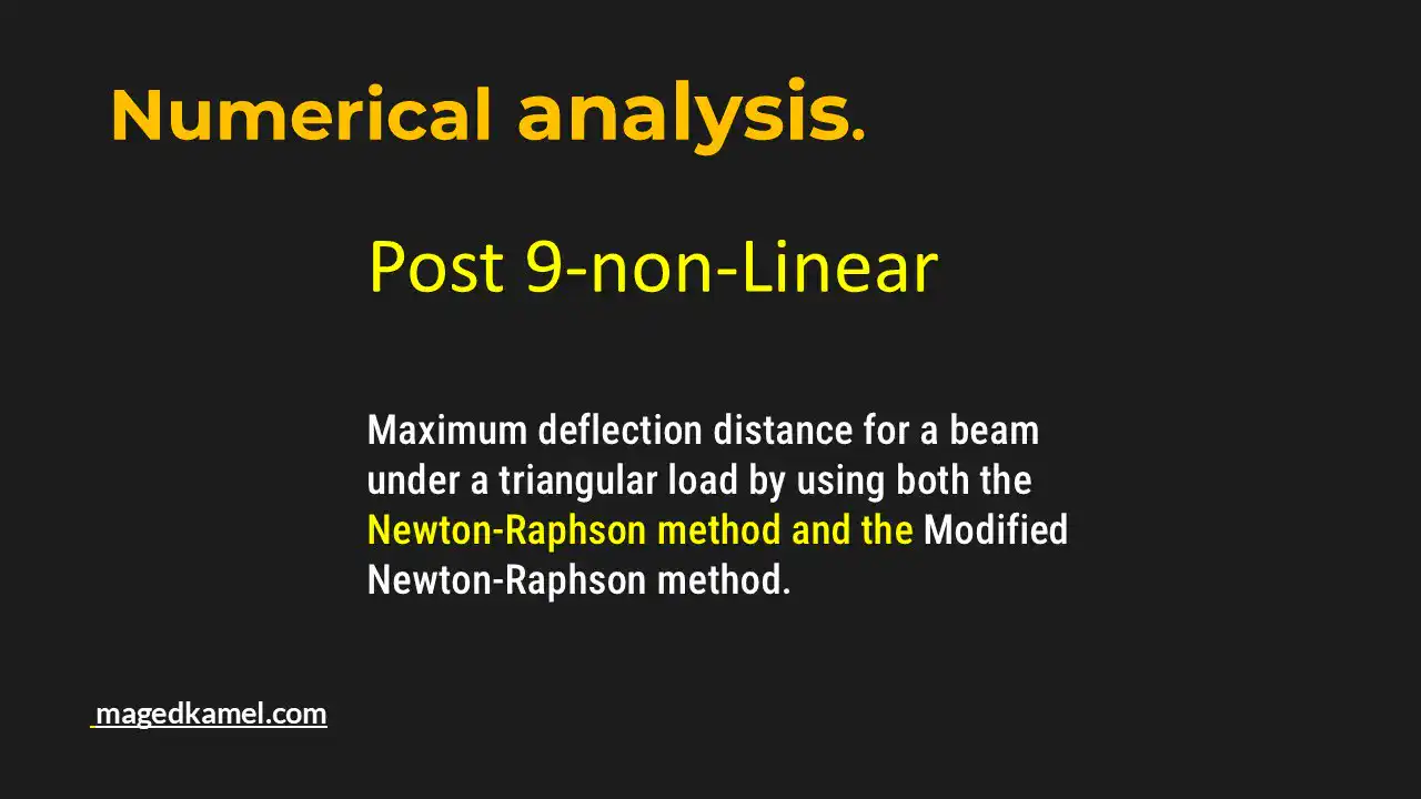 Find maximum deflection distance for a beam under a triangular load using Newton -Raphson and the modified Newton-Raphson.
