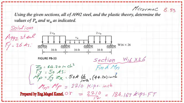 pict-1-post 37- steel beam Solved problem 8-33 for Plastic nominal Uniform Load.