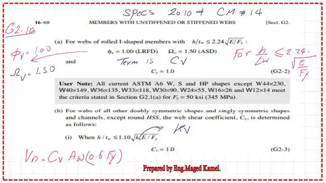 Pict 10-post 22s-steel beam General Code provision G1 and G2 for members with stiffened and unstiffened webs.