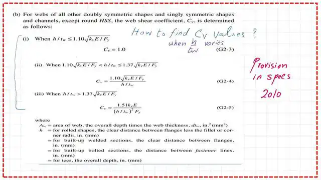 Pict 11-post 22s-steel beam How to find cv value for different hh/tw values?