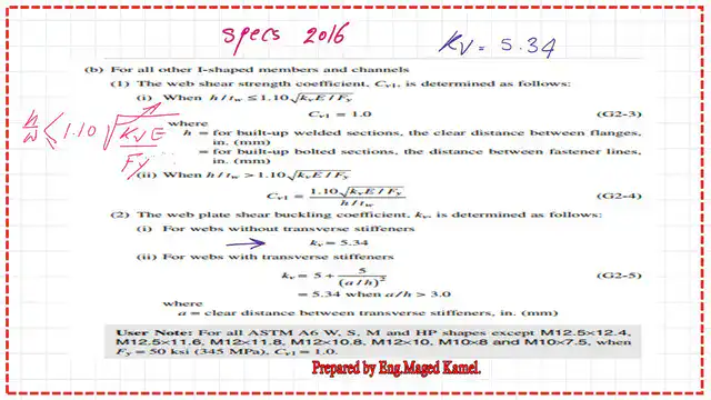 Pict 7-post 23s-steel beam Kv value equalks 5.34 for unstiffened webs.