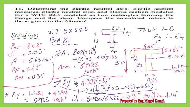 page3-post 6d- steel beam. Modeling of WT5x22.5 as two rectangles find neutral axis &y1 distance.