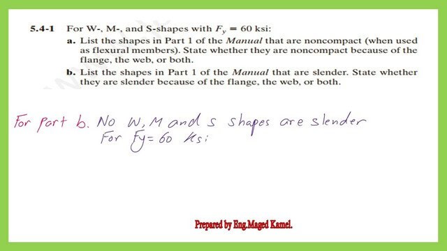 What are the slender sections for W,M and S section for Fy=60 ksi?