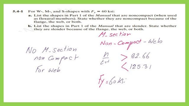 Non compact web section data for M shape with Fy=60 ksi.