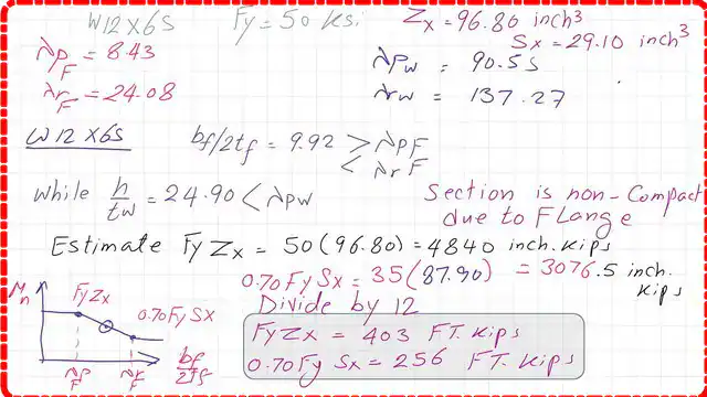 Find Mpx and 0.70*Fy*Sx for W12x65.