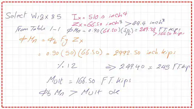 The calulation of teh nominal design strength of the selected section.