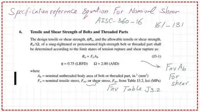 AISC 360-16 for Nominal shear equation J3.1