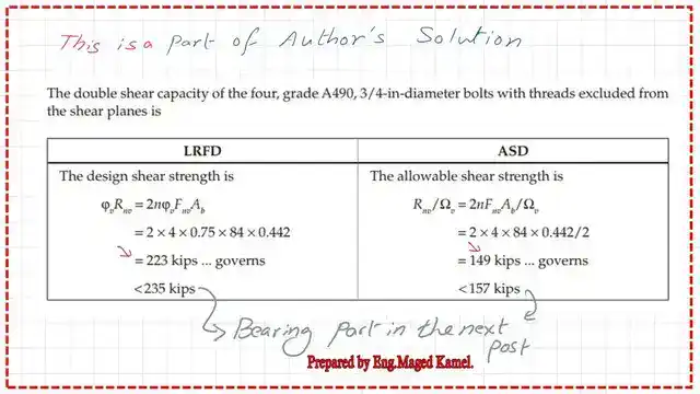 Part 1- of the author's solution for the nominal shear stress for bolts.