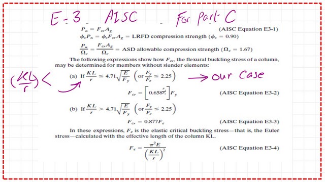 The equations for the value of Fcr based on Kl/r value.