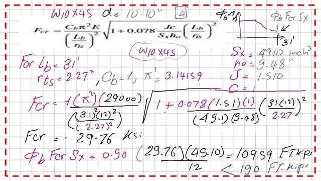 Pict 9-post 16-steel beam The estimated Fcr value for W10x45with Lb=31 Feet.
