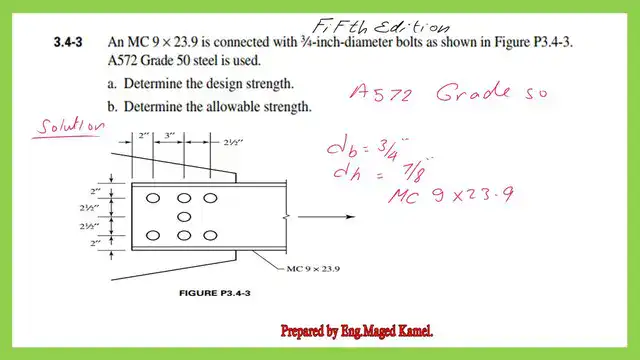 A solved problem 3-4-3 An Mc 9x23.9, it is required to find LRFD and ASD strength values.