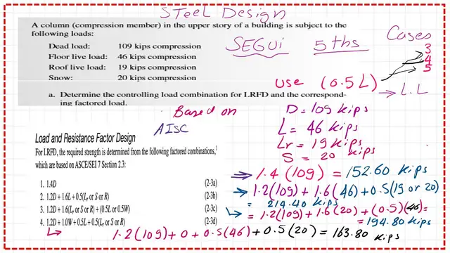 page 8-post 5-introduction to steel. A solved problem for load combination.