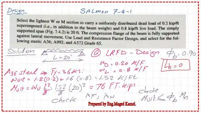 Solved problem 7-4-1 for the design of a steel beam.