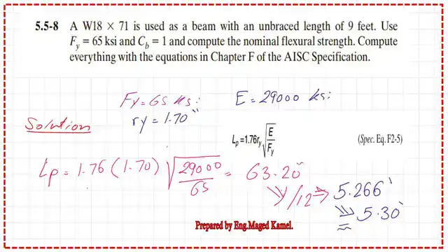 Practice problem 5-5-8-What is the value of lp for W18x71-Fy=65 ksi?