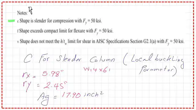 The values for rx, ry and area of the W section.