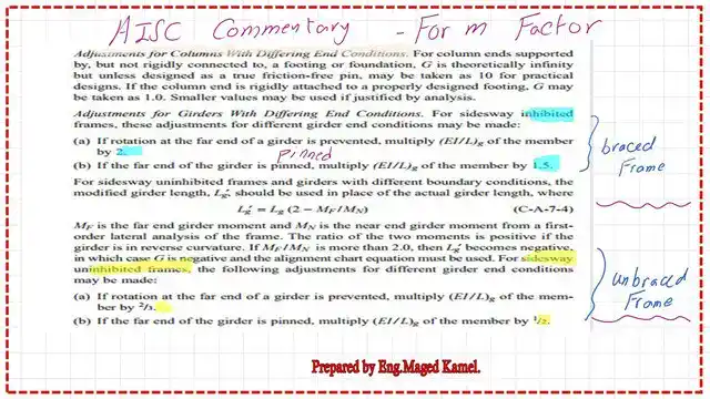 AISC commentary for both side-sway inhibited frame and side-sway un-inhibited frame.