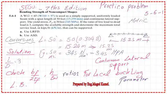 page 4- post 41m- steel beam Practice problem 5-6-1M using metric units