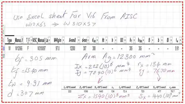 page 6- post 41m- steel beam The data for W310x97 from Aisc V16 excel sheet