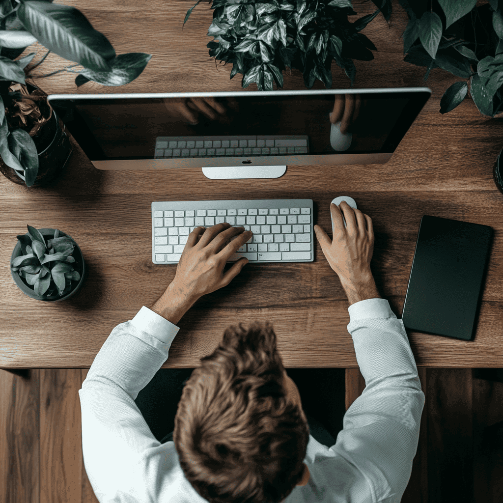 vu de dessus d'un homme utilisant un imac