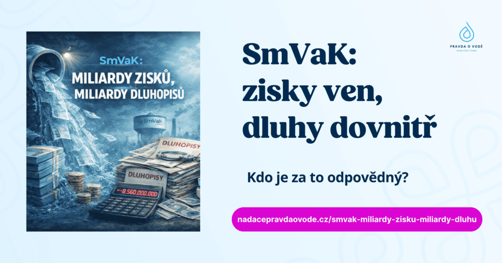 Obrázek k článku o SmVaKu: voda, odtékající peníze, dluhopisy a titulek „SmVaK: zisky ven, dluhy dovnitř“.
