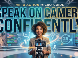 Speak on camera confidently micro-course — overcome on-camera silence and fear using the 4-Beat Blueprint, Power Pause, and No-Delete 60-second challenge in 25 minutes.