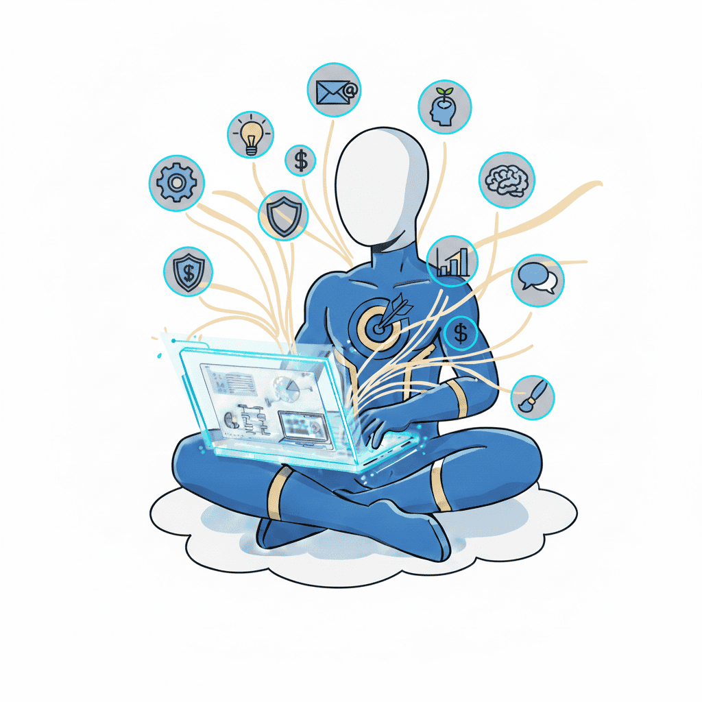 An illustration of a person meditating with a laptop, surrounded by icons representing various profe.
