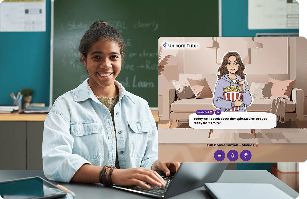 學生在教室裡使用筆記型電腦，並透過 AI 驅動的口說練習介面進行互動，介面包含對話式導師與引導式對話情境。