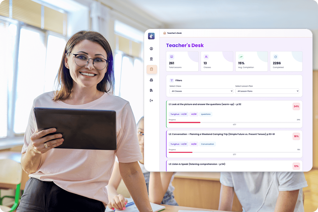 Teacher holding a tablet in a classroom with a dashboard interface showing lesson progress, class metrics, and activity tracking for students.