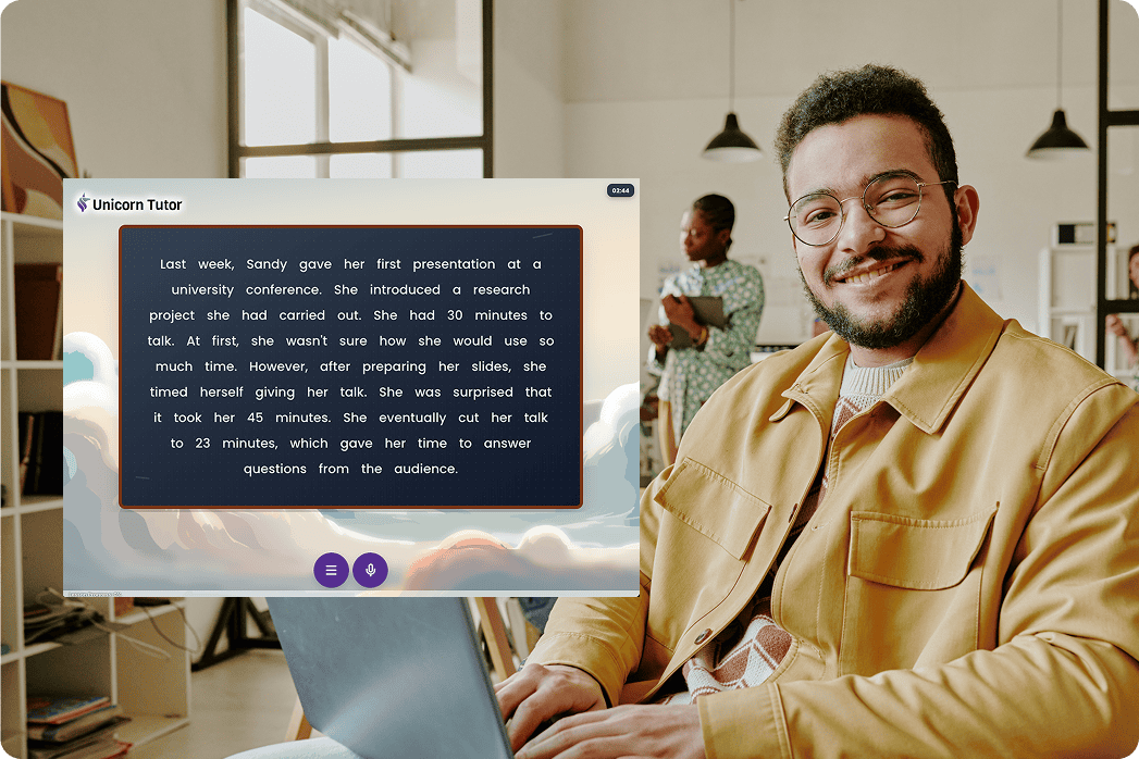 專業人士使用筆記型電腦，進行以簡報技巧與真實情境溝通為核心的 AI 口說練習。