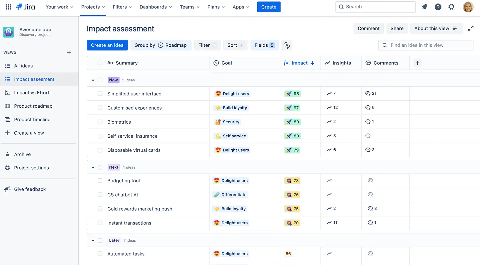 Pantalla de Jira product discovery