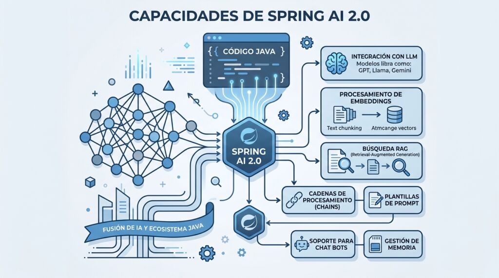 Capacidades de Spring AI 2.0: integración con LLMs, RAG, embeddings y chatbots, todo desde el ecosistema Java.