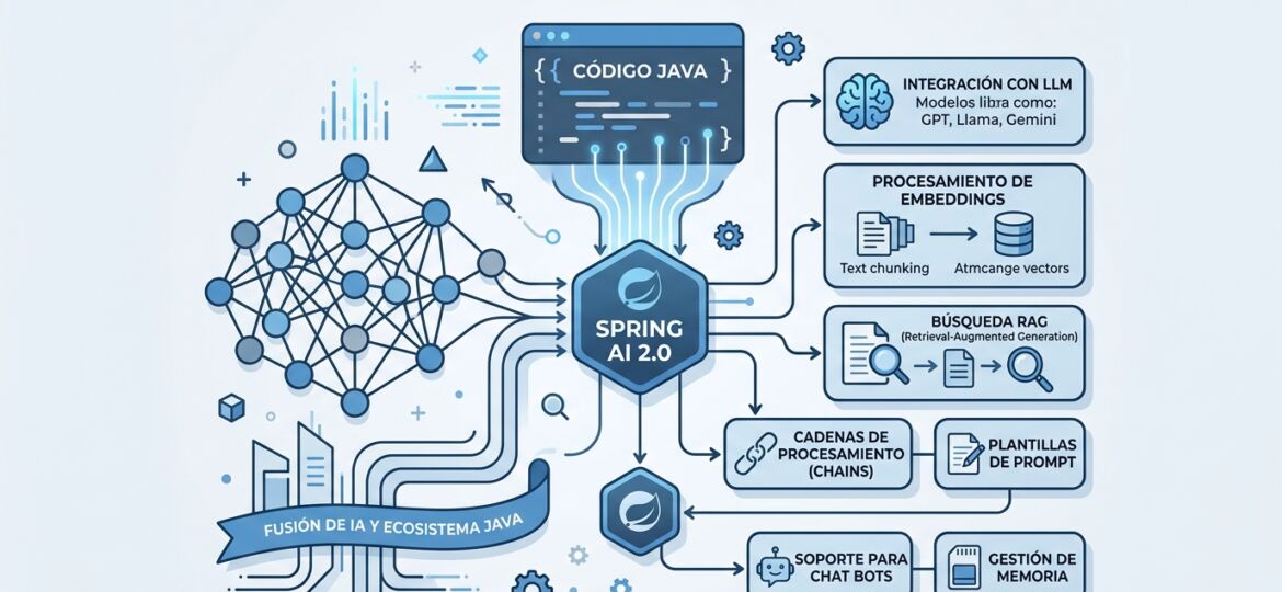 Capacidades de Spring AI 2.0: integración con LLMs, RAG, embeddings y chatbots, todo desde el ecosistema Java.
