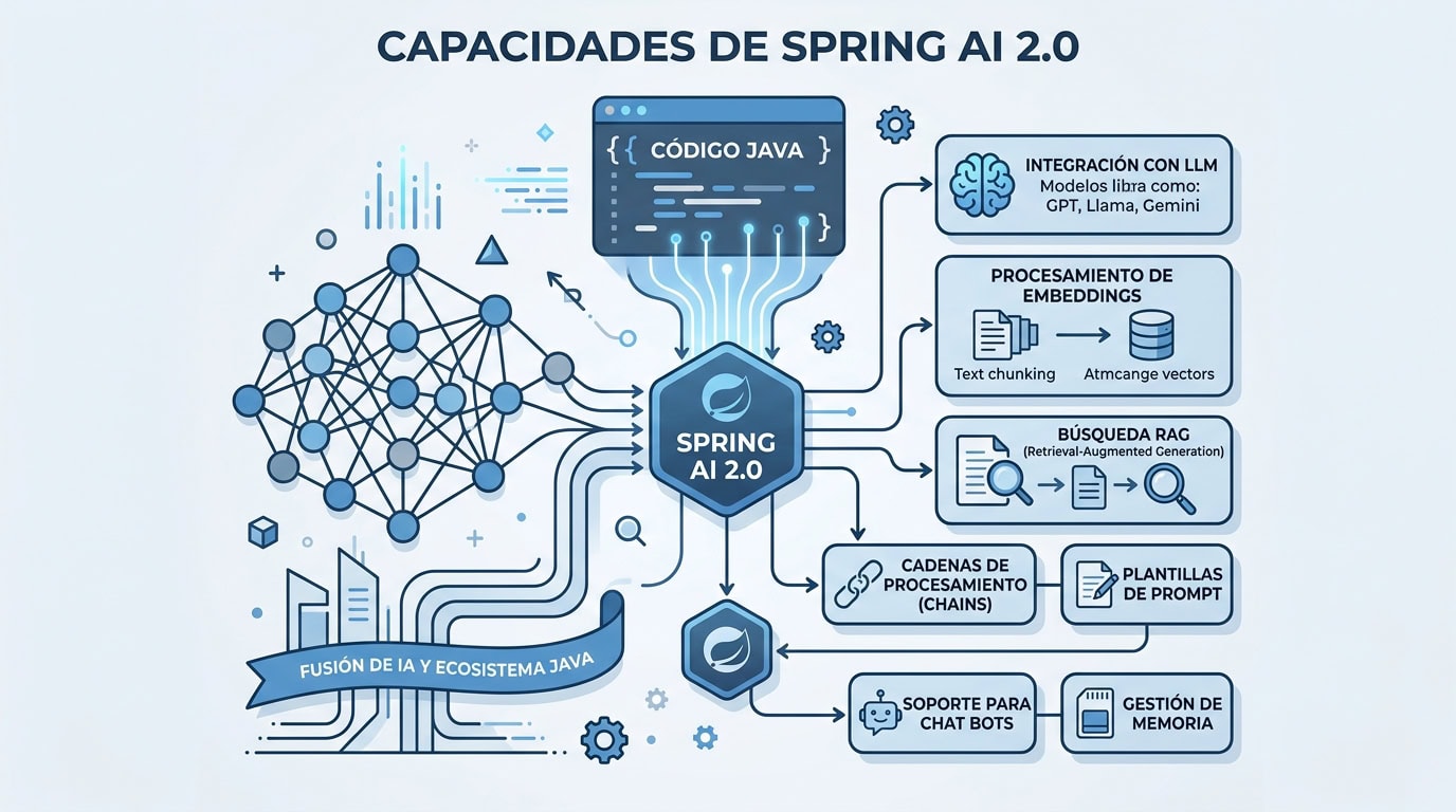 Capacidades de Spring AI 2.0: integración con LLMs, RAG, embeddings y chatbots, todo desde el ecosistema Java.