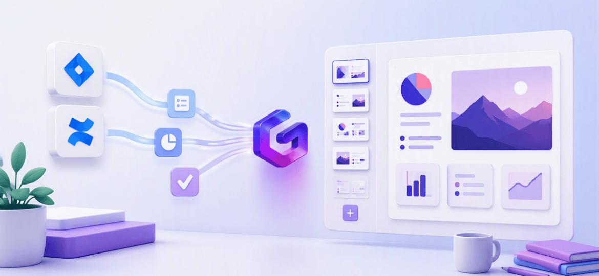 Visualización de integración de herramientas en Atlassian y Gamma para planificación y presentación.