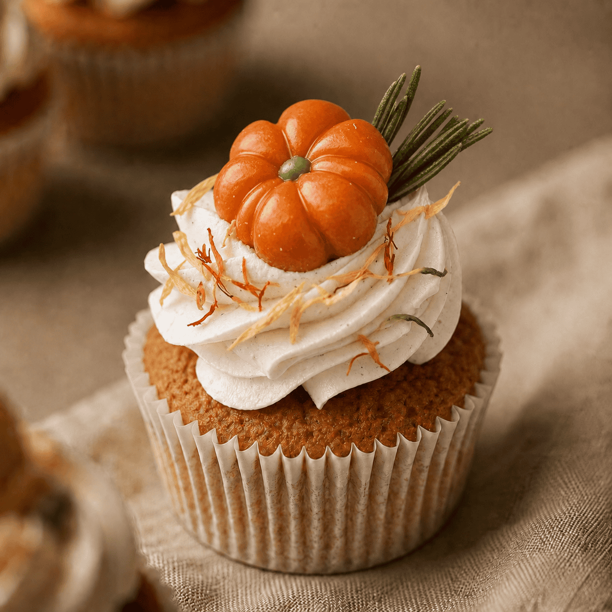 Herfst cupcake met pompoen en kruiden, perfect voor Thanksgiving.