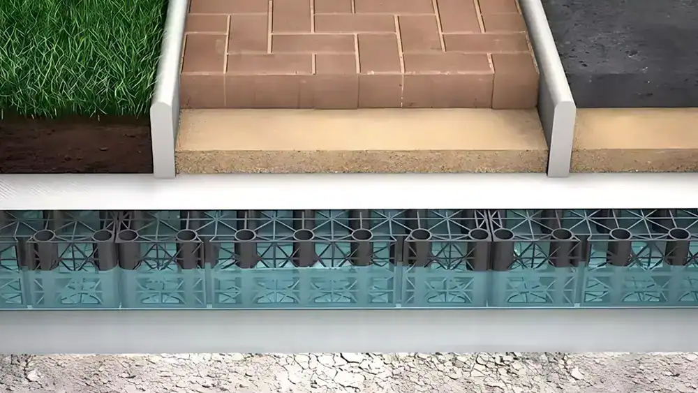 Sección transversal del sistema subterráneo de infiltración de aguas pluviales que muestra el soporte de pavimento permeable.