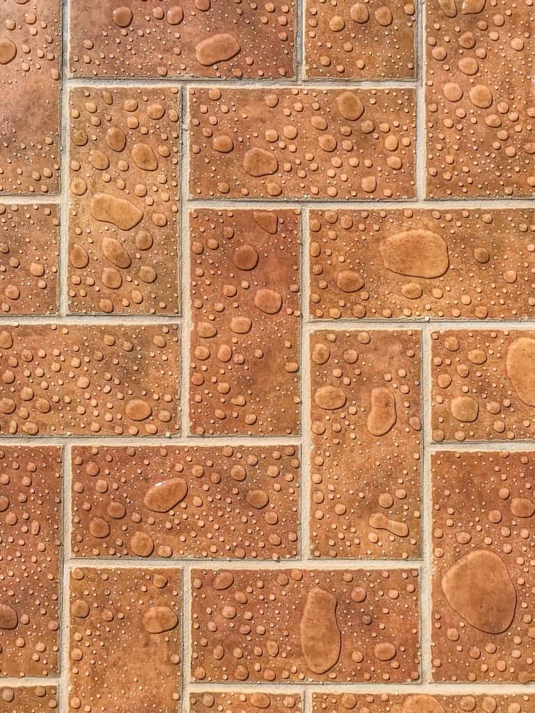 Close-up of wet brick tiles with water droplets, showcasing a textured pattern ideal for backgrounds.