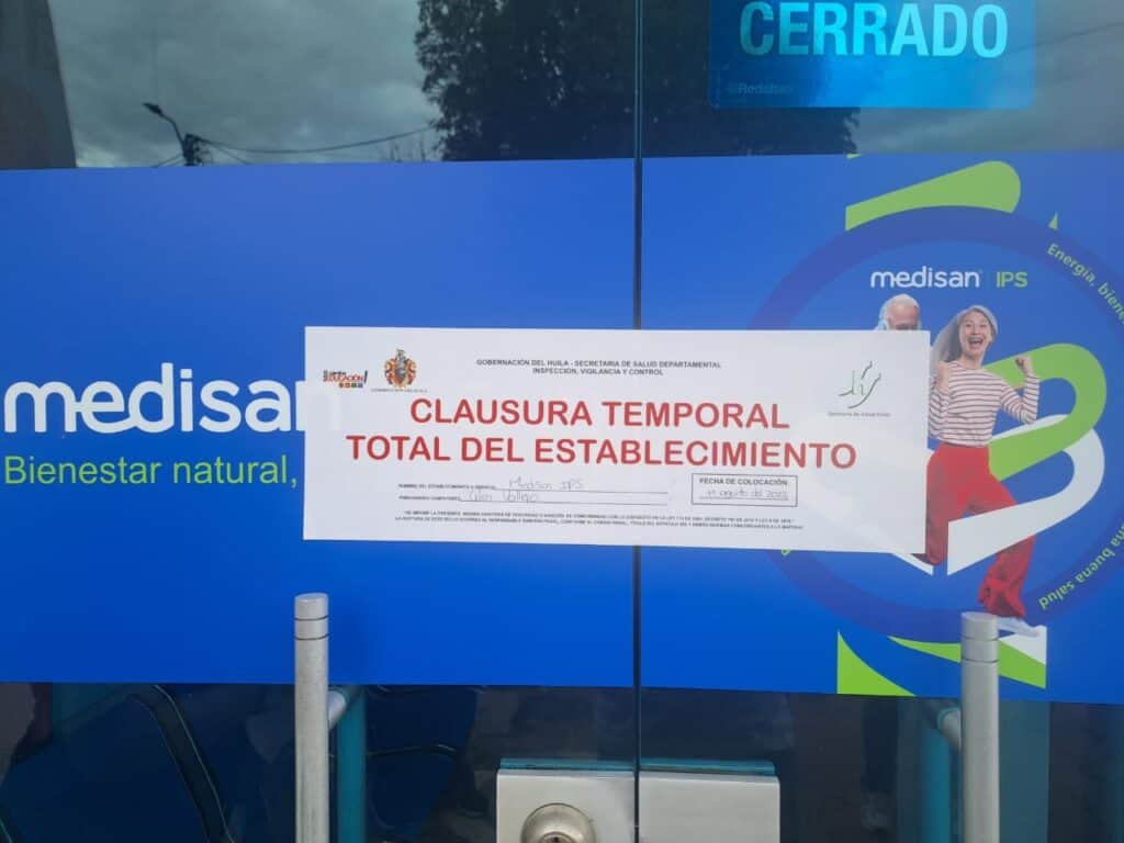 Cierre temporal del IPS Medisan S.A.S. en Neiva por operar sin habilitación, afectando la atención médica y servicios de salud en la región.