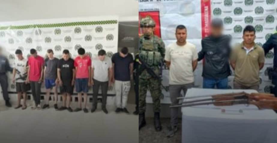 Sospechosos detenidos en el sur del Huila por homicidio, presentados por las autoridades en una rueda de prensa, acompañados por un oficial uniformado y un grupo de personas.