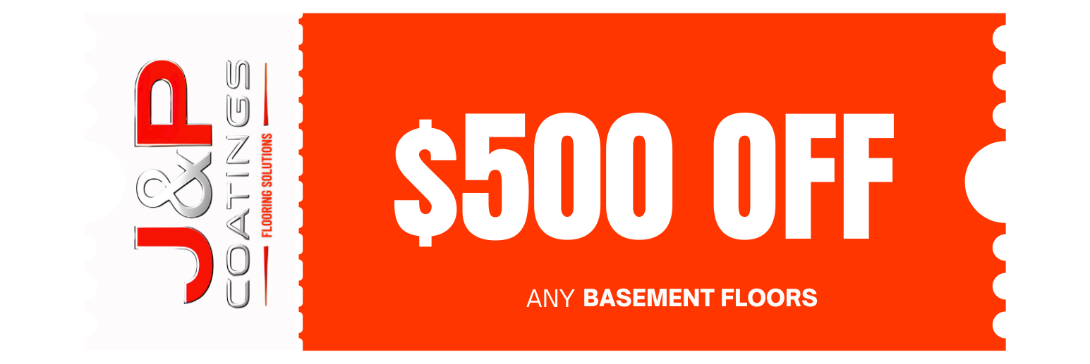 This image shows a J&P Coatings coupon offering $500 off basement flooring, highlighting a special discount for customers.