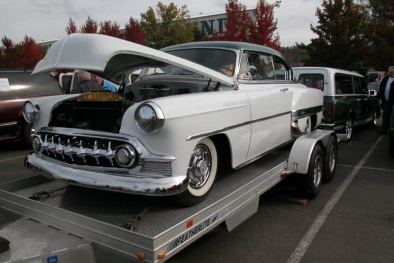this is a picture of a restomod in an open car trailer