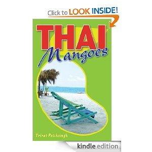Vibrant Thai Mangoes book cover with tropical beach scene and colorful text.