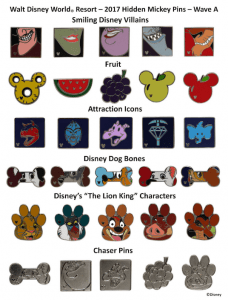 2017 Hidden Mickey pins from Walt Disney World showcase villains as fruits, icons, dog bones, Lion King designs, and rare chasers.
