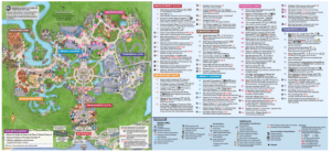Vibrant illustrated map of Magic Kingdom at Disney World with detailed lands, attractions, and a clearly marked legend on the right.