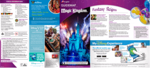 Vibrant Magic Kingdom park map featuring Cinderella Castle, attraction highlights, guest tips, and My Disney Experience app info.