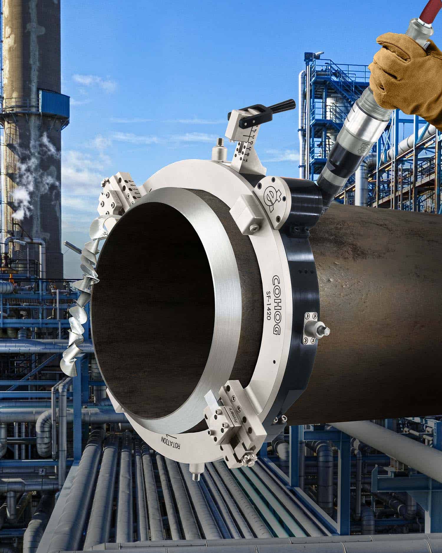 Esco Tool MILLHOG model, portable tube end prep tool, accommodates various sizes, mountable on boiler pipes.