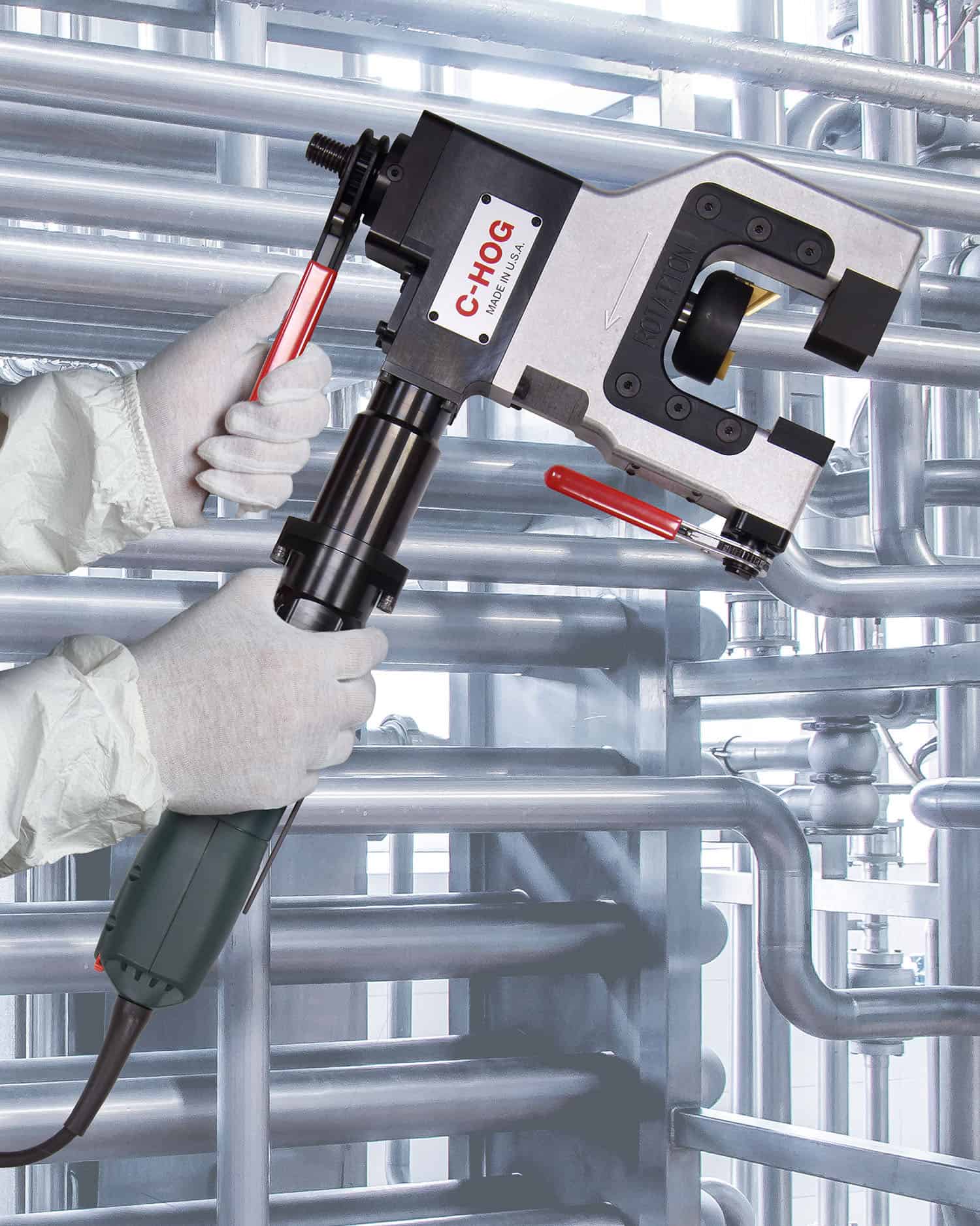 Industrial pipe and tube end prep tool, model MILLHOG, suited for boiler applications, mounts securely, and handles various sizes.