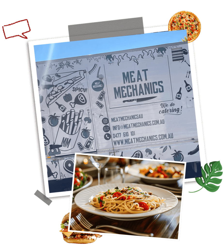 Meat Mechanics logo with food illustrations and contact info.