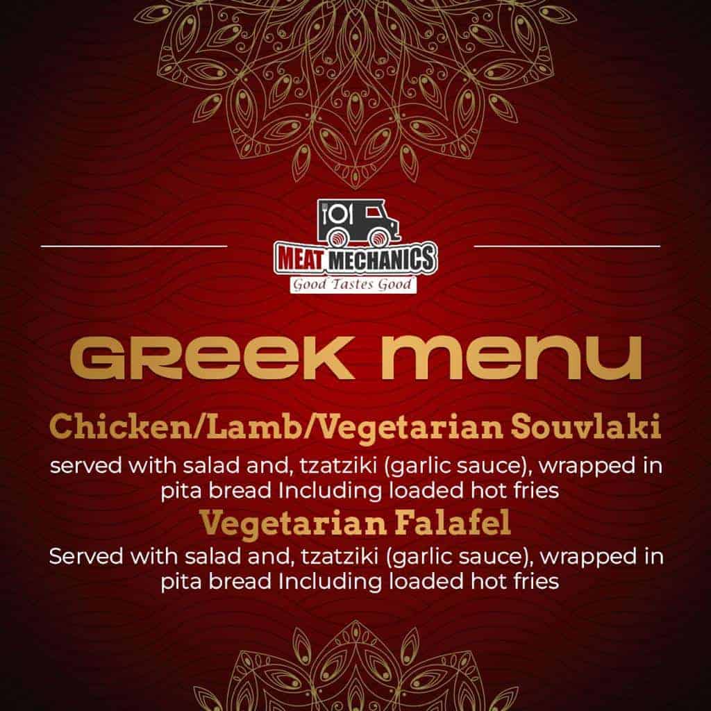 Greek menu featuring chicken, lamb, vegetarian souvlaki, and falafel dishes.